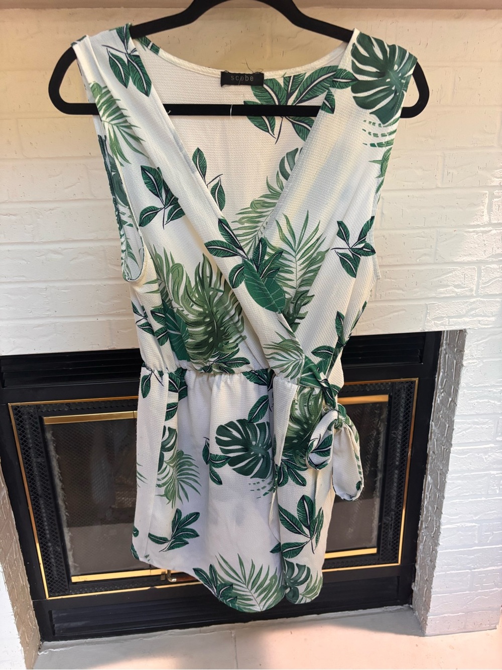 SCBDE White & Green Tropical Wrap Romper with Tie Waist